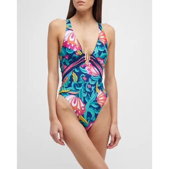 Trina Turk India Garden Floral Print One-Piece Plunge Swimsuit Size 6 - Picture 1 of 13